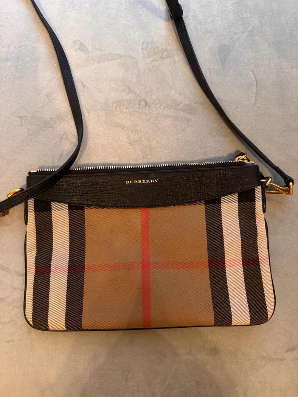Burberry Tan Check Crossbody with Black Trim and Red Stripe